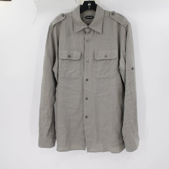 Tom Ford Shirt Mens 16.5 Linen safari military Button Up Long Roll Tab Sleeve - Picture 1 of 16